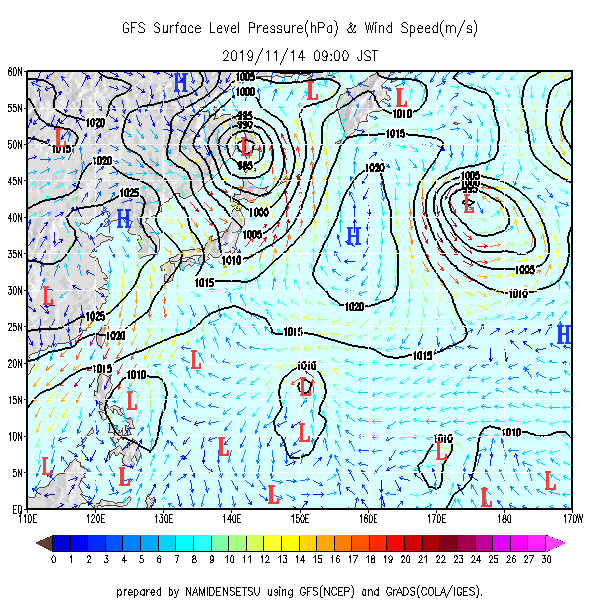 予想気圧配置14日午前9時