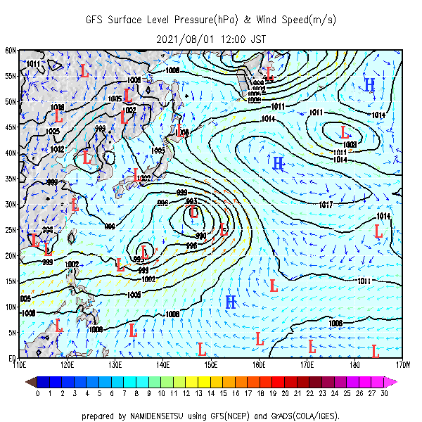 2021.8.1(日)12時の予想天気図